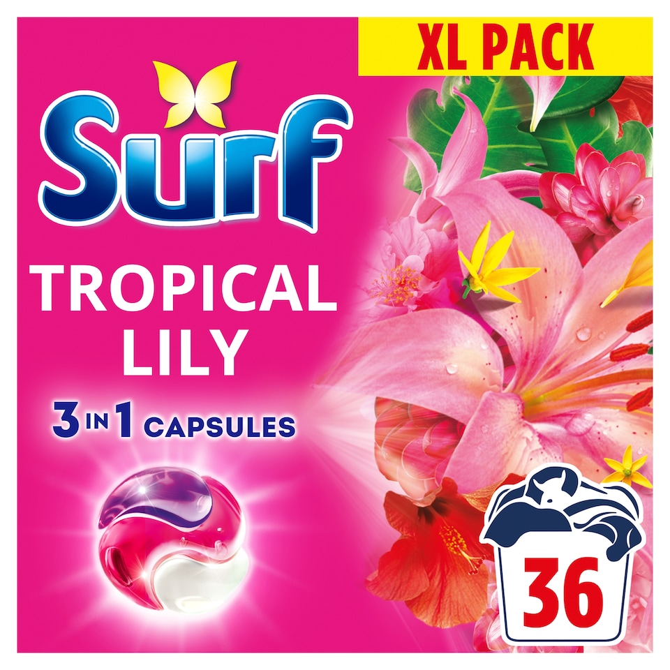 image 1 of Surf 3 in 1 Tropical Lily Laundry Detergent Capsules 36 Washes 622.8g
