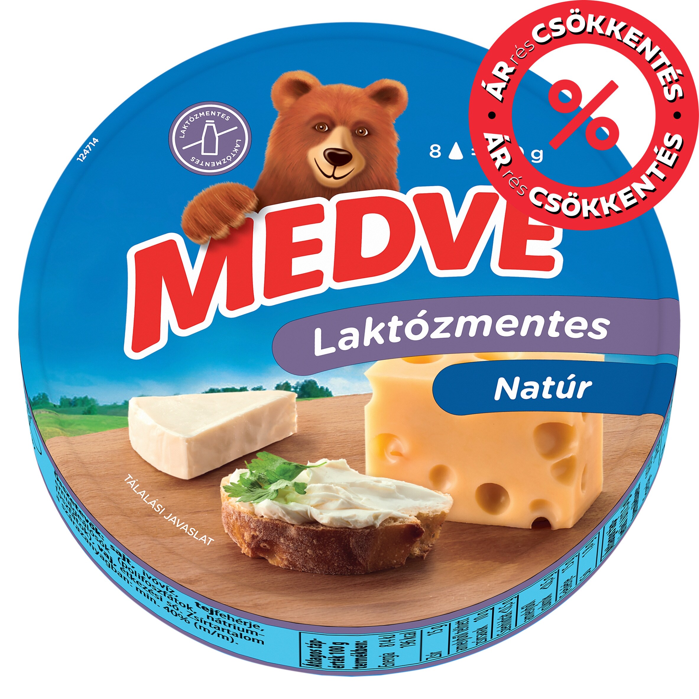 Hungary product data sample: Medve laktózmentes natúr kenhető, félzsíros ömlesztett sajt 8 x 17,5 g (140 g)