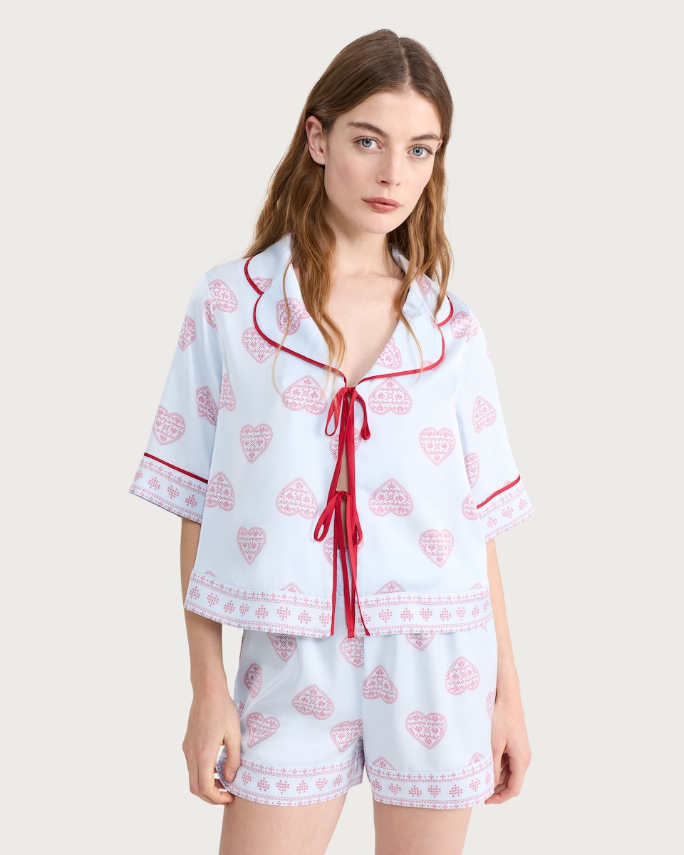 image 1 of F&F CoolEase™ Satin Heart Print Shirt and Shorts Pyjama Set in Multi Blue