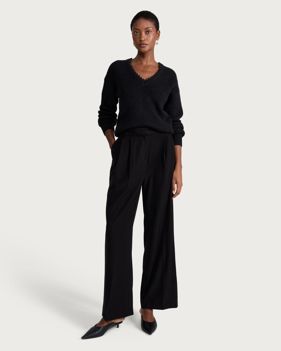 image 1 of F&F Ribbed Beaded V Neck Jumper in Black