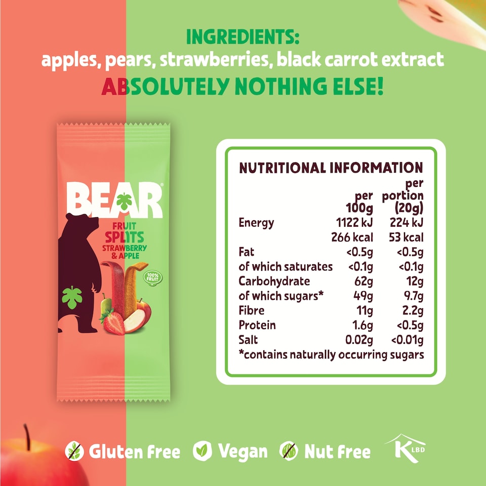 image 1 of BEAR Fruit Splits Strawberry & Apple Multipack 5x20g