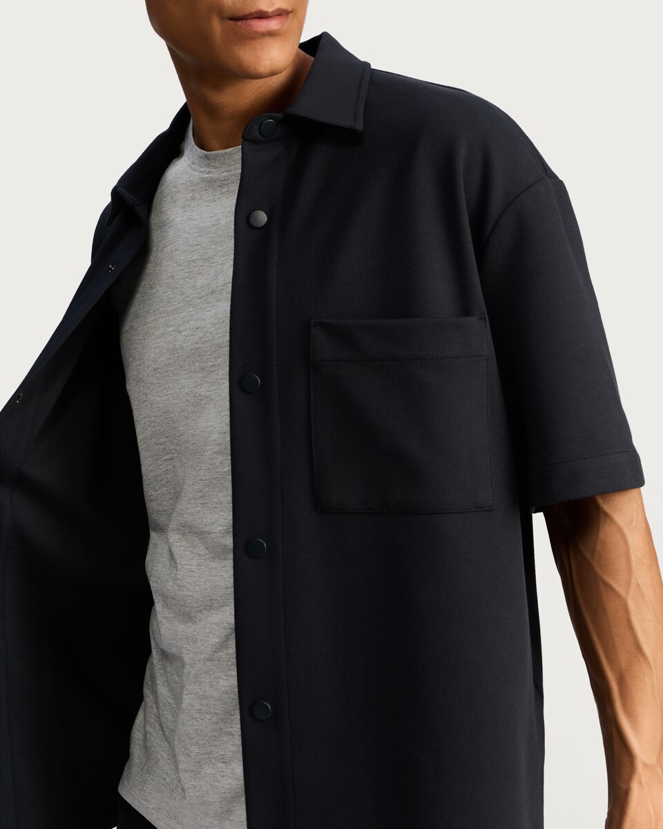image 1 of F&F Textured Pique Short Sleeved Button Front Shirt in Navy