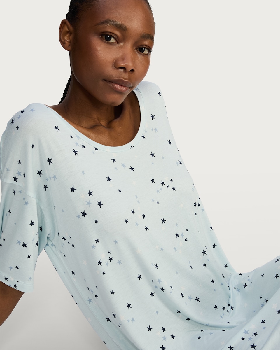 image 1 of F&F Star Print Short Sleeved Nightdress in Multi Blue