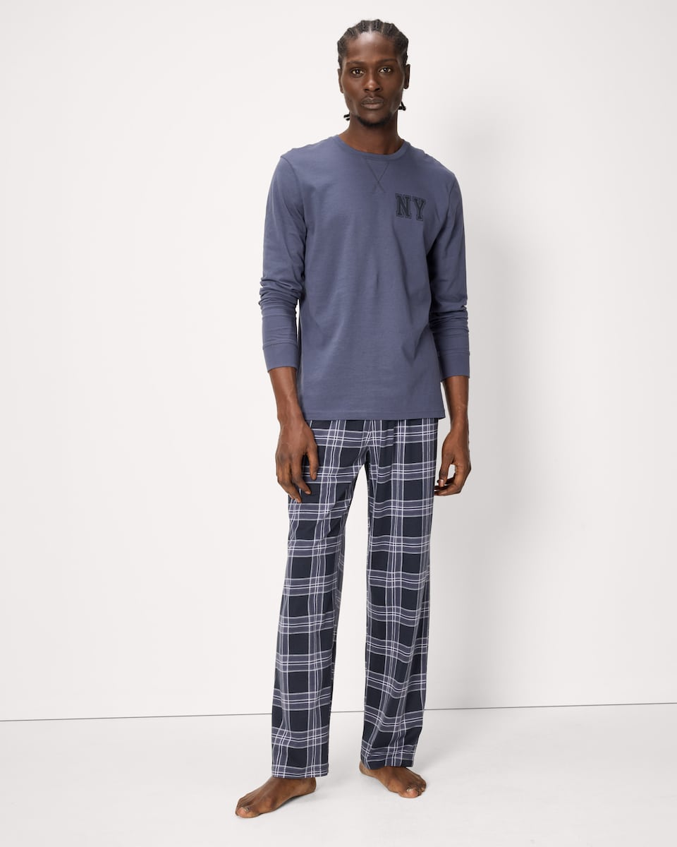 image 1 of F&F Pure Cotton Top and Check Bottoms Pyjama Set in Blue