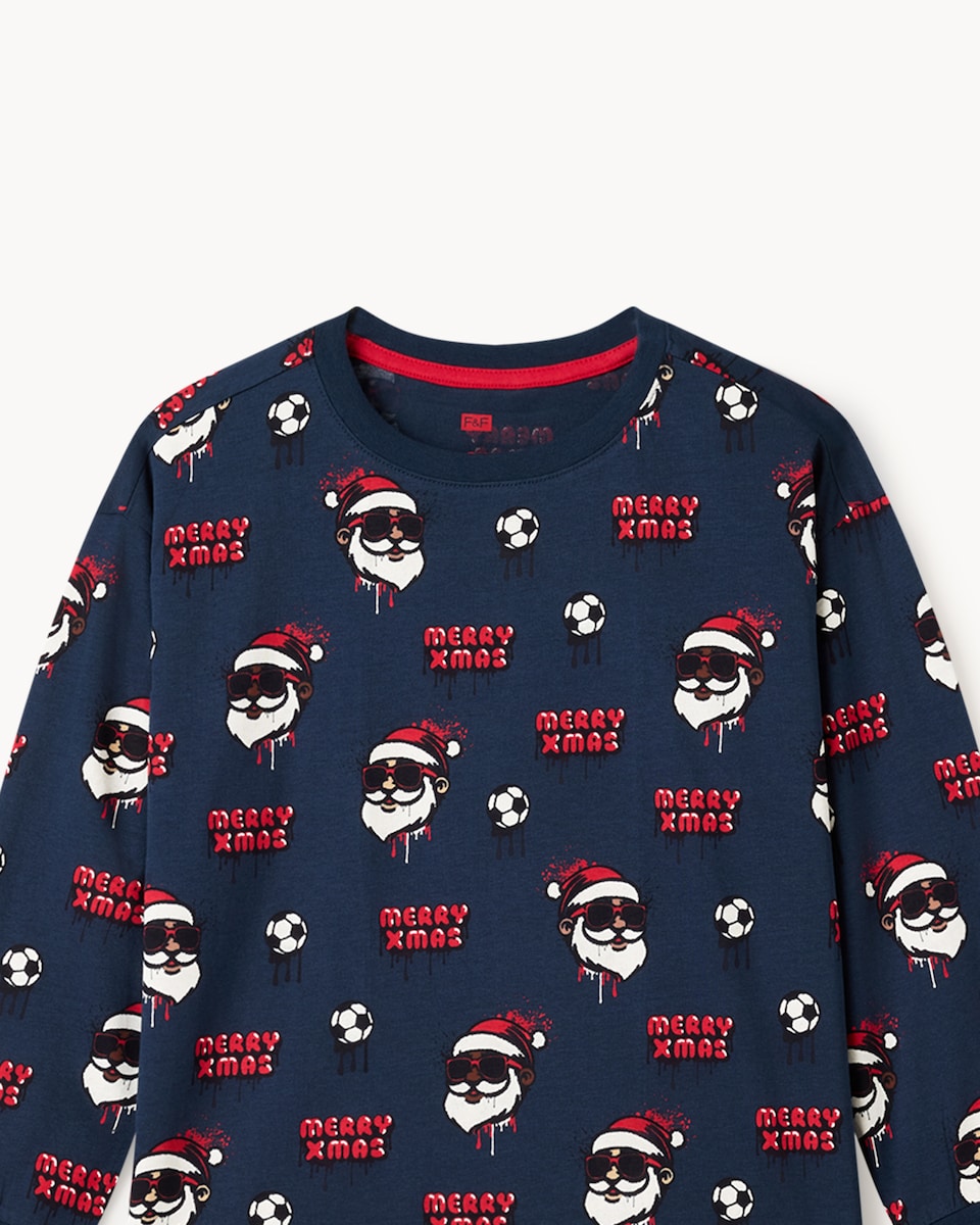 image 1 of Christmas Boys Cotton Rich Football Santa Pyjama Set in Navy