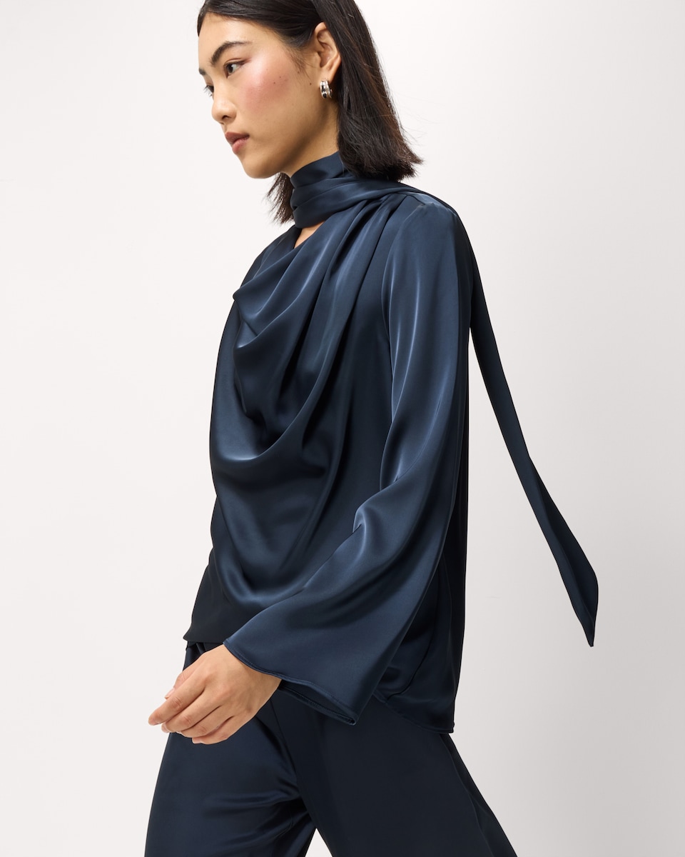 image 1 of F&F Satin Draped Blouse in Navy