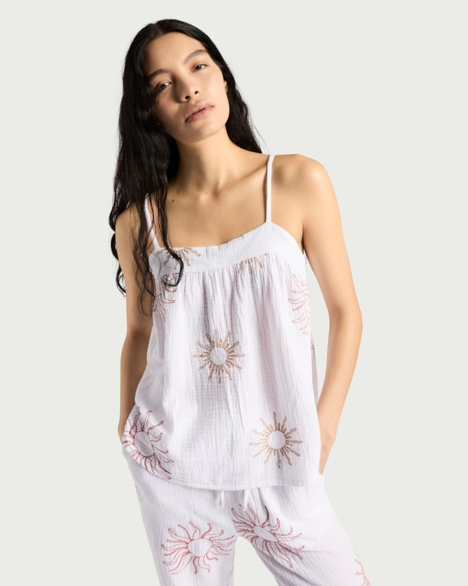 image 1 of F&F Pure Cotton Embroidered Sun Pyjama Camisole Top in Cream