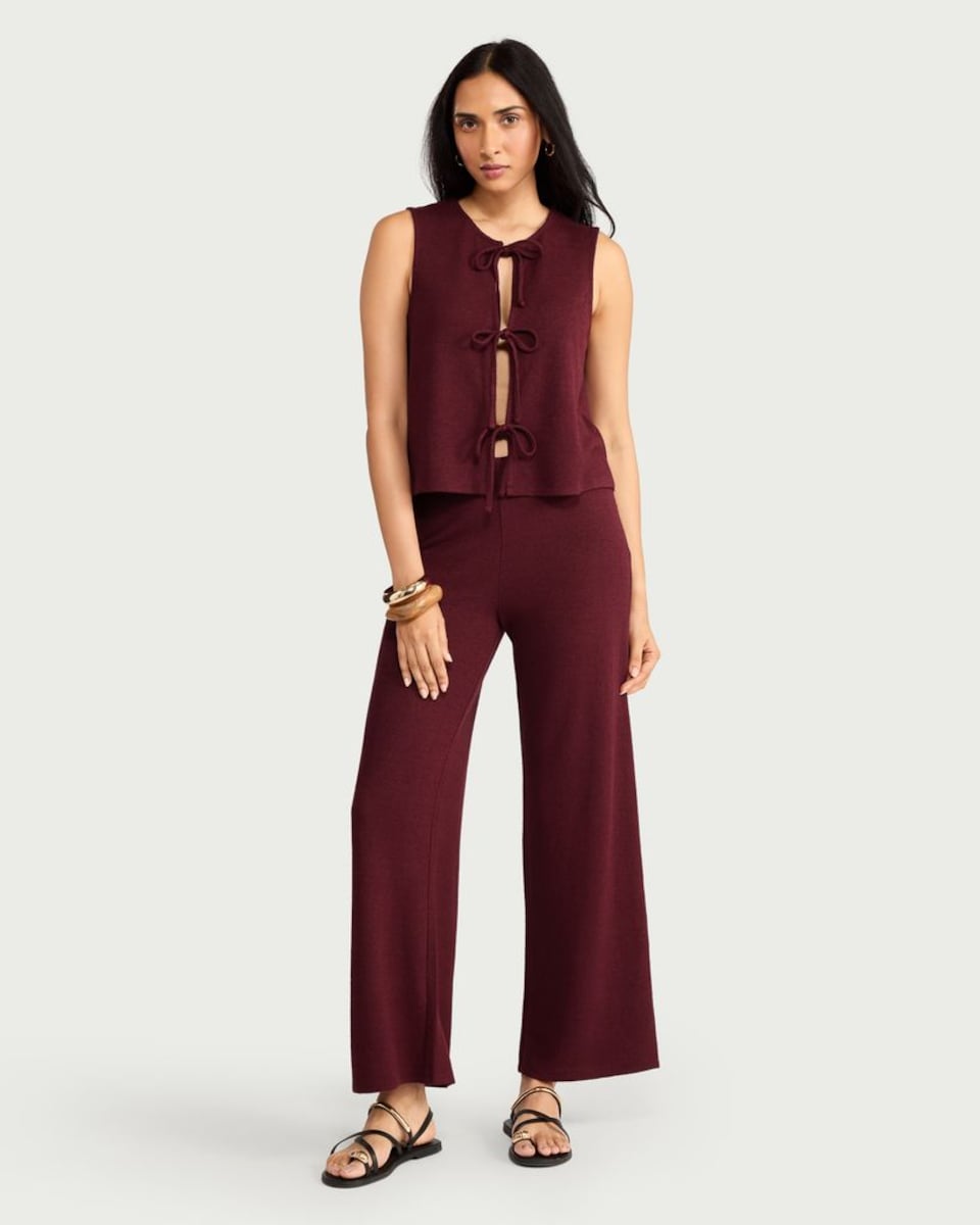 image 1 of F&F Striped Tie Front Co-ord Top in Burgundy