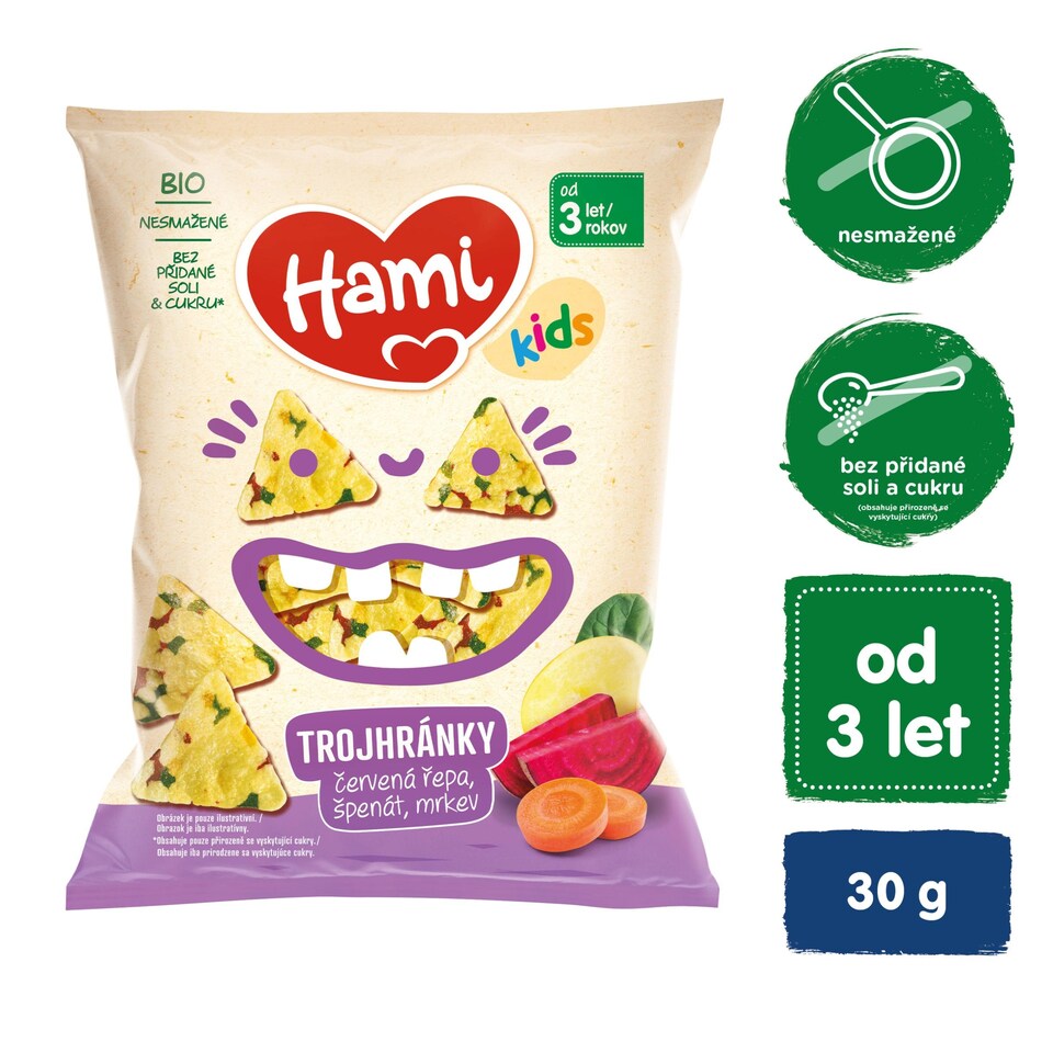 Obrázek 1 pro produkt HAMI trojhránky Červená řepa, špenát, mrkev 30 g