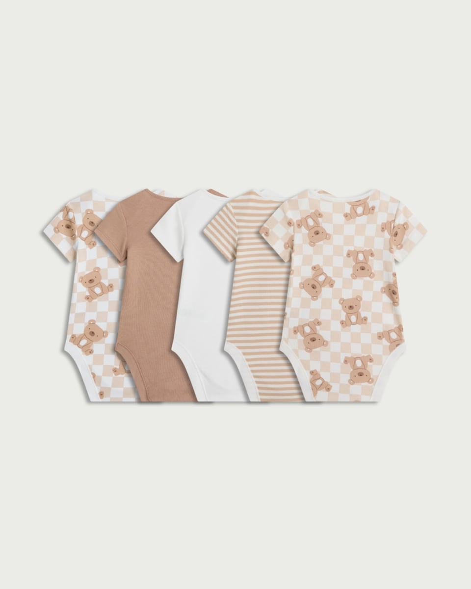 image 1 of F&F Baby 5-Pack Pure Cotton Bear Printed Bodysuits in Neutral