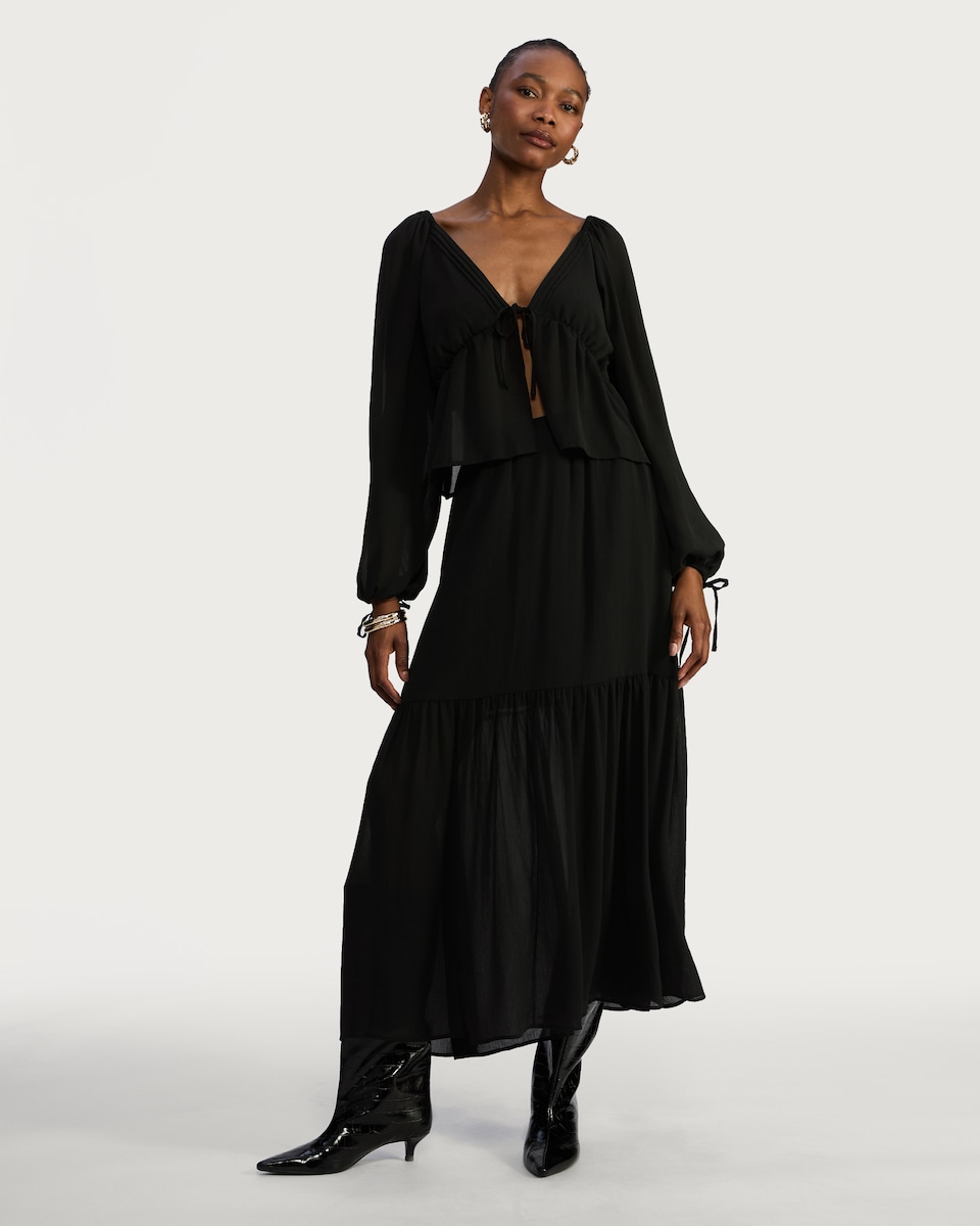 image 1 of F&F Tie Detail Long Sleeved Co-ord Blouse in Black