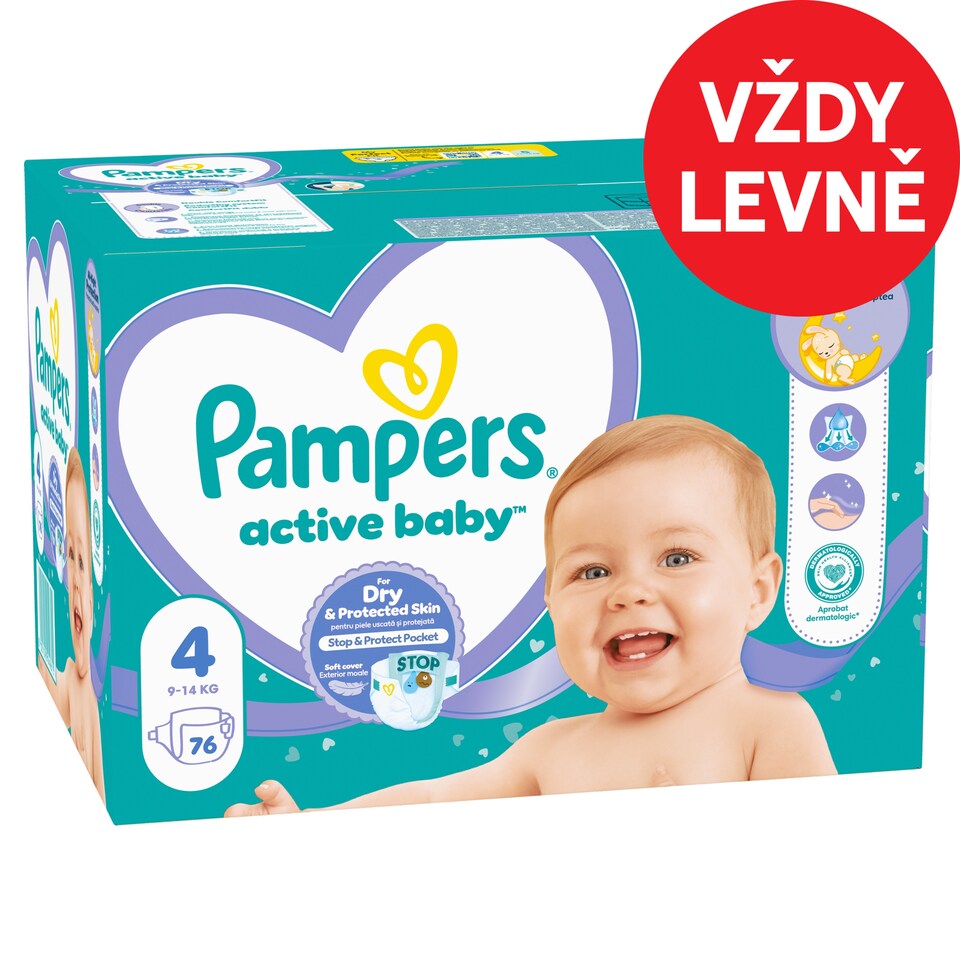 Obrázek 1 pro produkt Pampers Active Baby, Velikost 4, 76 Plenky, 9kg-14kg
