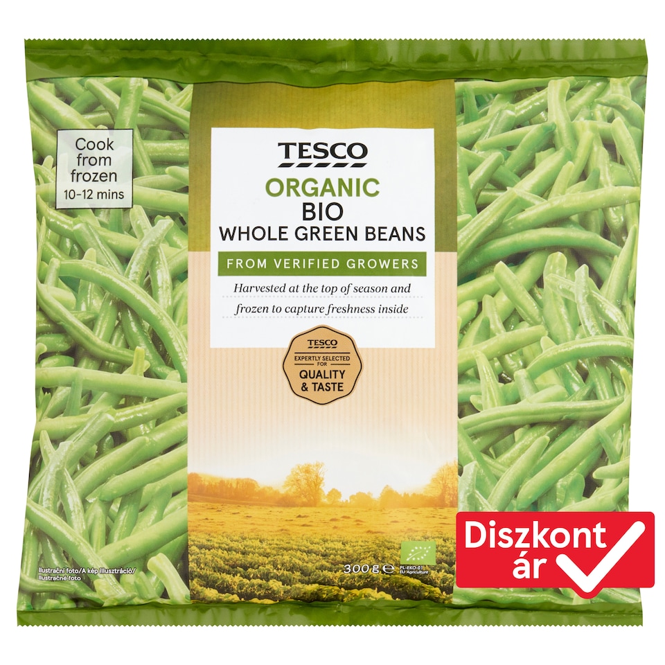 Tesco bio, gyorsfagyasztott zöld hüvelyű egész zöldbab 300 g