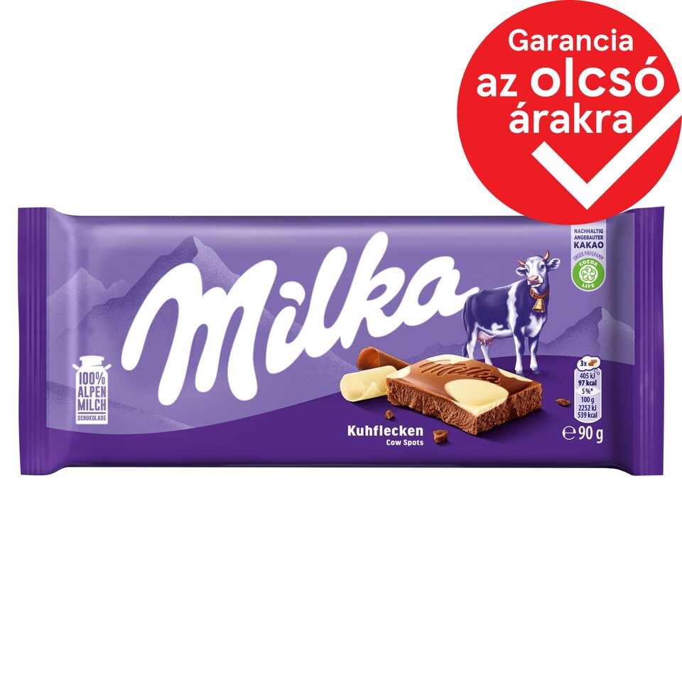 Milka alpesi tej felhasználásával készült tejcsokoládé fehér csokoládéval 90 g