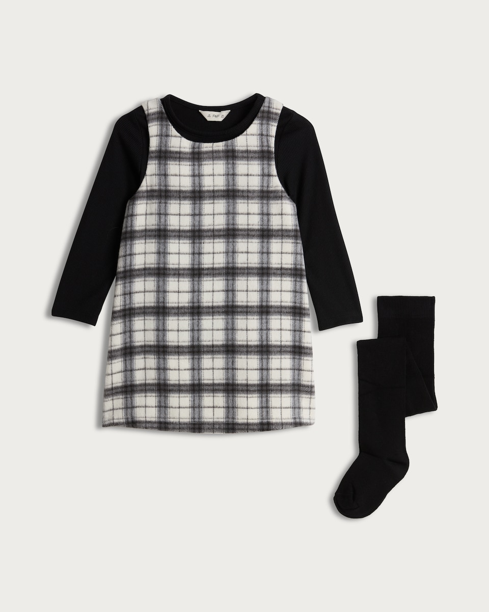 F&F Girls Cotton Rich Check Pinafore, Top and Tights in Multi Black White