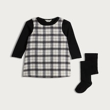 F&F Girls Cotton Rich Check Pinafore, Top and Tights in Multi Black White
