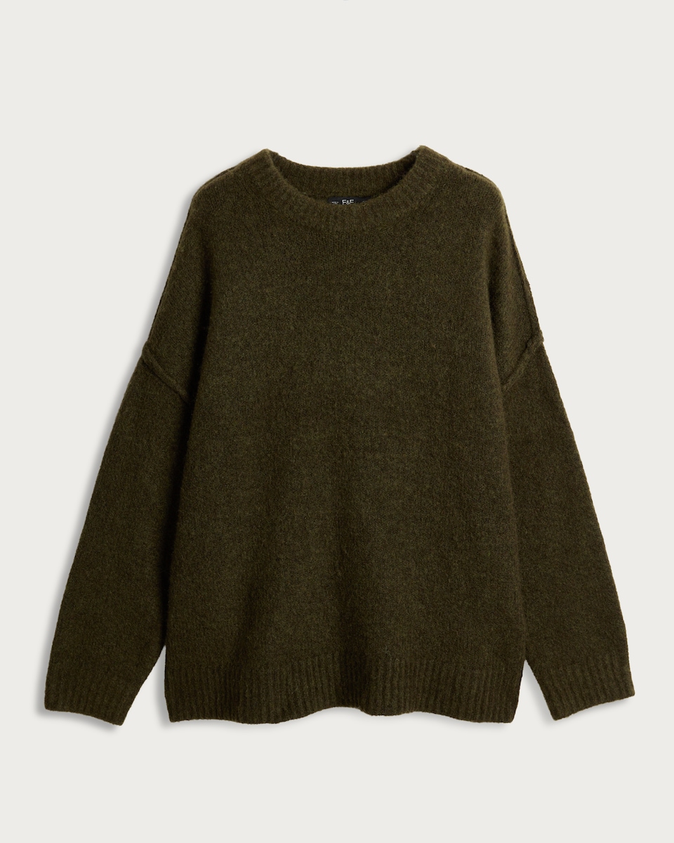 image 1 of F&F Ribbed Crew Neck Jumper with Wool in Khaki