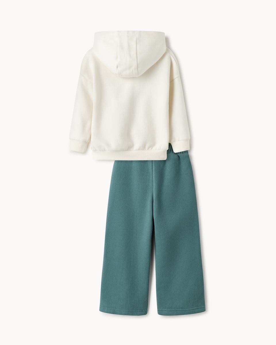 image 1 of F&F Boys Cotton Rich Slogan Hoodie and Joggers Set in Cream