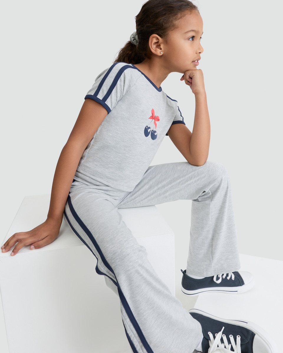 image 1 of F&F Girls 2-Piece Cherry Print T-Shirt and Flared Trousers Set in Grey Marl
