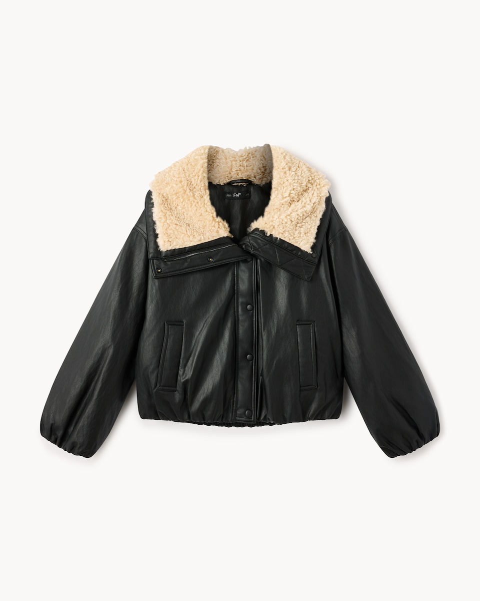image 1 of F&F Faux Leather Borg Collar Jacket in Black