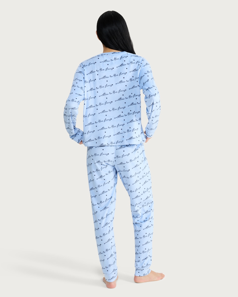 image 1 of F&F Fleece Textured Long Sleeved Top and Cuffed Bottoms Pyjama Set in Blue