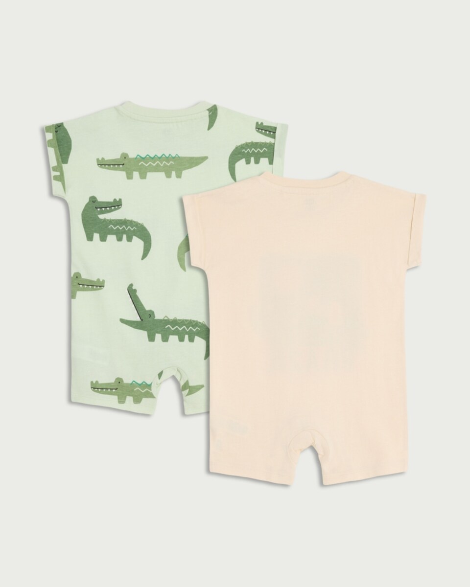 image 1 of F&F Baby 2-Pack Pure Cotton Crocodile and Brazil Print Rompers in Khaki