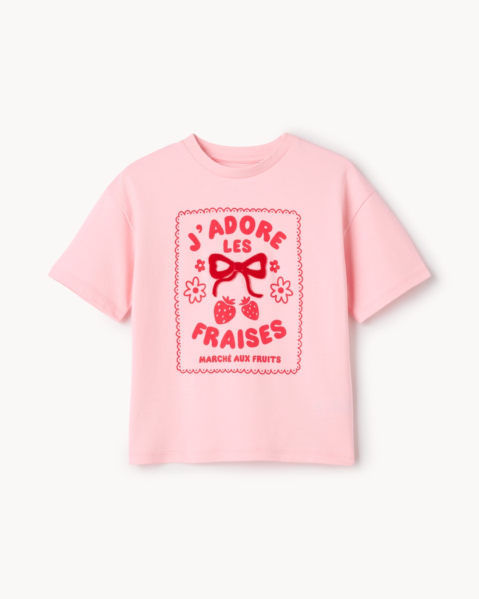 image 1 of F&F Girls Pure Cotton Strawberry Print T-Shirt in Pink