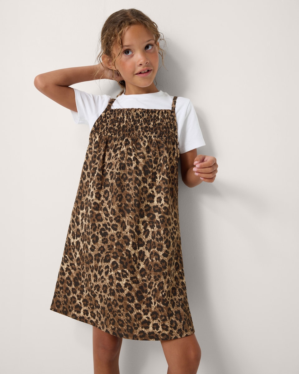 image 1 of F&F Girls 2-Piece Leopard Print Dress and T-Shirt Set in Multi Brown
