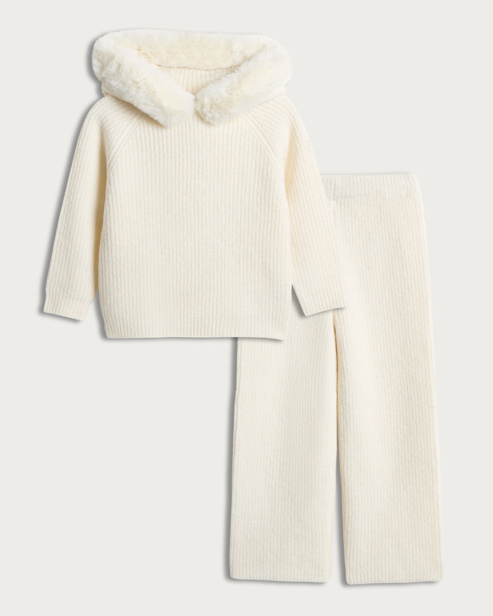 image 1 of F&F Girls Knitted Ribbed Faux Fur Hoodie and Trousers Set in Cream