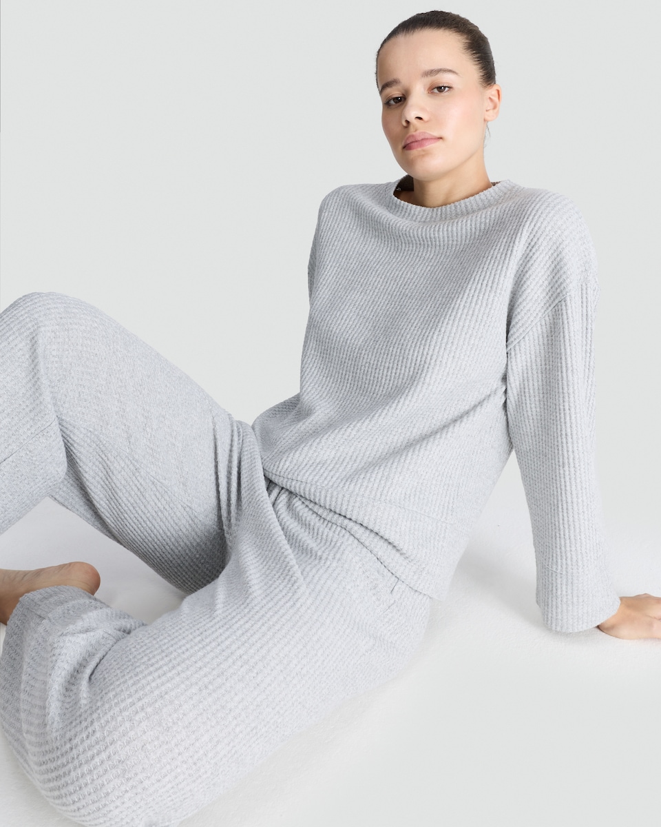 image 1 of F&F Waffle Textured Sweatshirt and Wide Leg Trousers Lounge Set in Grey