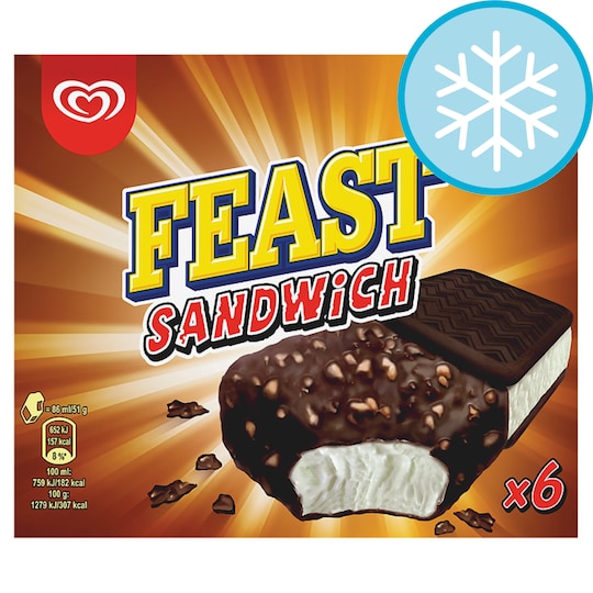 FEAST SANDWICH ICE CREAM 6 X 86ML Tesco Groceries