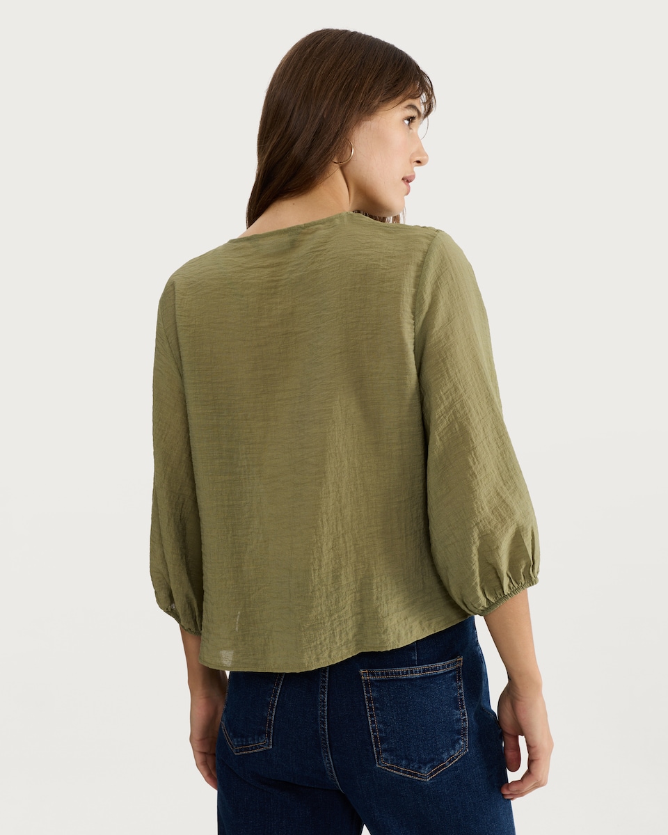 image 1 of F&F Textured Smocked Tie-Front Blouse in Khaki