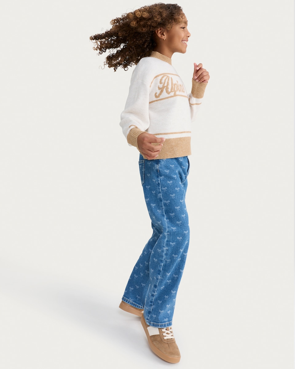 image 1 of F&F Girls Pure Cotton Bow Print Wide Leg Jeans in Navy