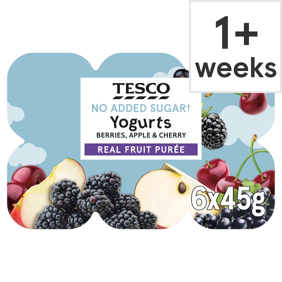 Tesco No Added Sugar Berries, Apple & Cherry Yogurts 6x45g Tesco