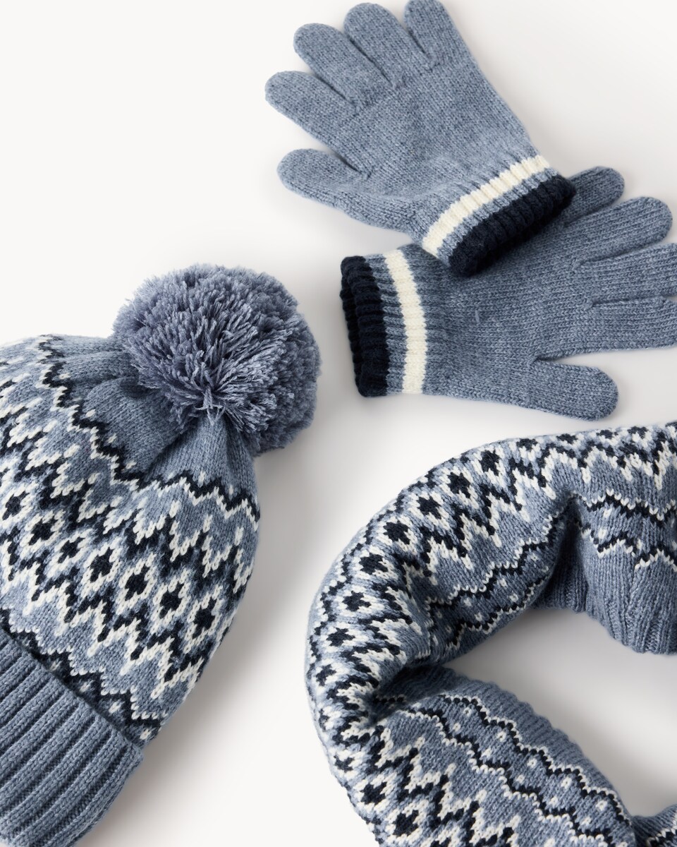 image 1 of F&F Boys Fair Isle Hat, Snood and Gloves Set in Blue