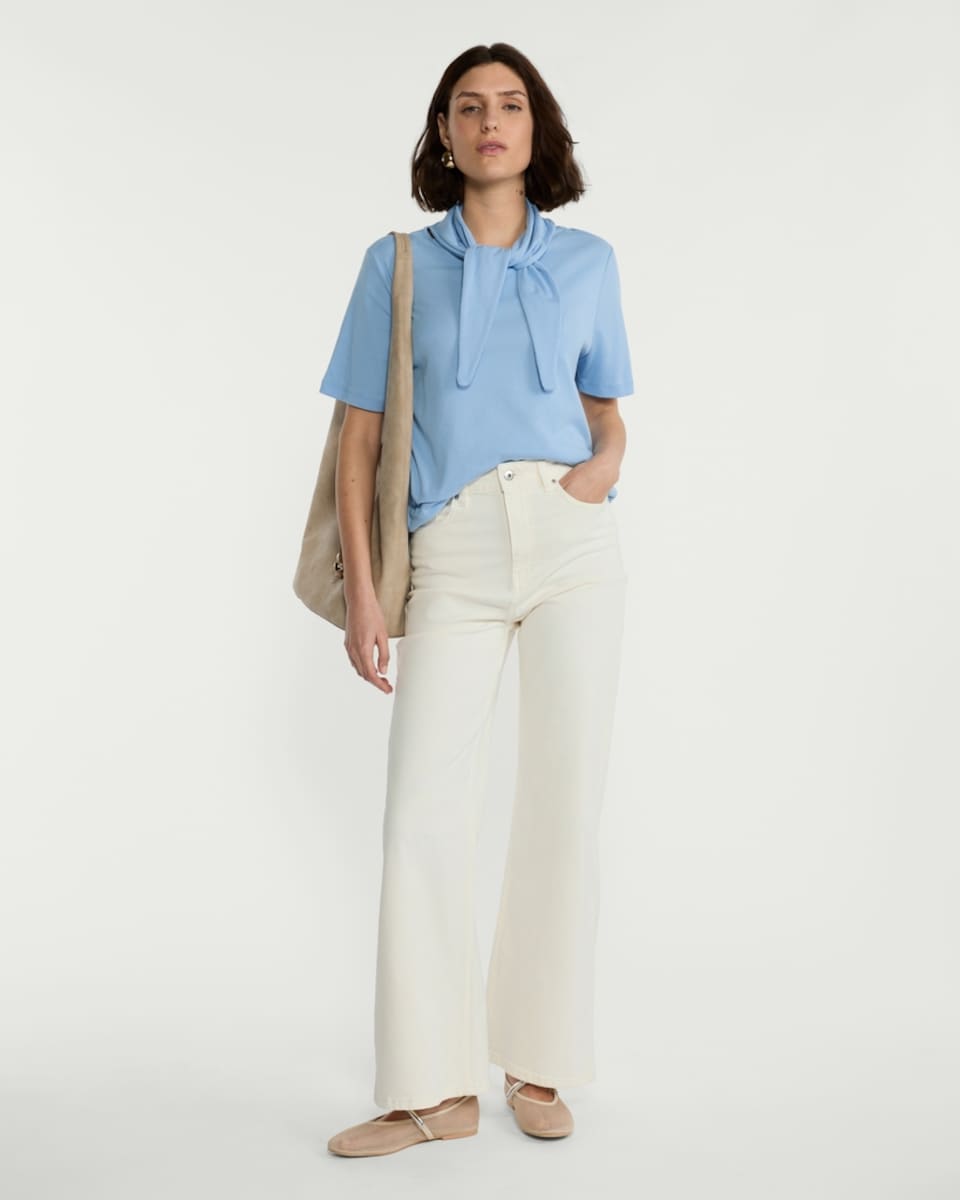 image 1 of F&F Pure Cotton Scarf Neck Short Sleeved Top in Blue