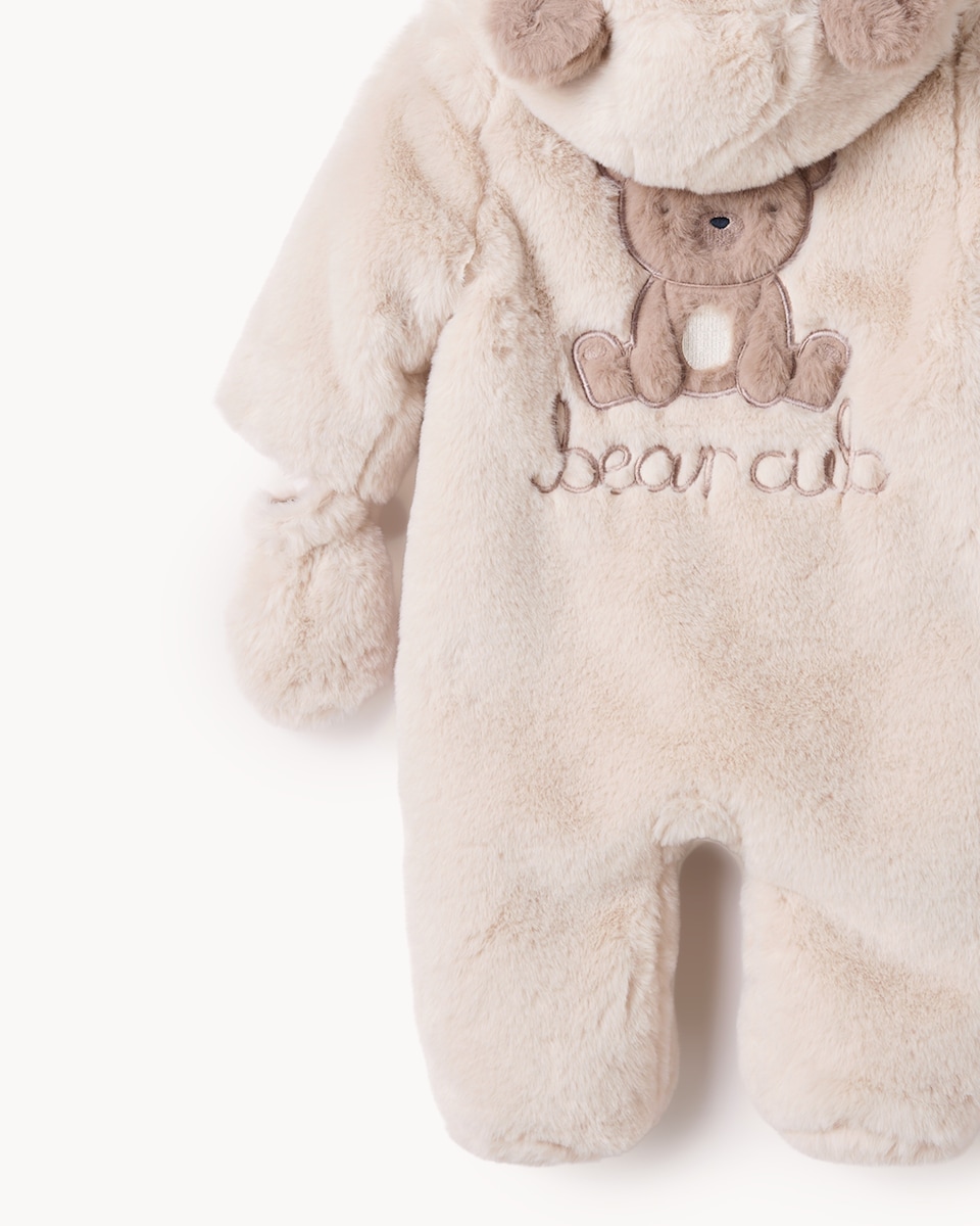 image 1 of F&F Baby Faux Fur Bear Cub Pramsuit in Med Nude