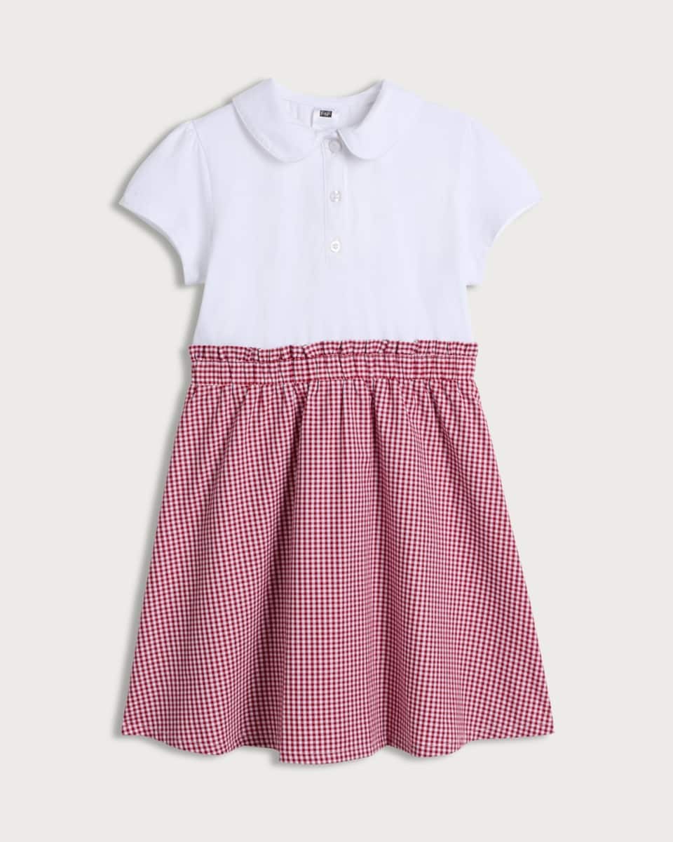 F&F School Girls Cotton Rich 2 in 1 Gingham Polo Dress in Red