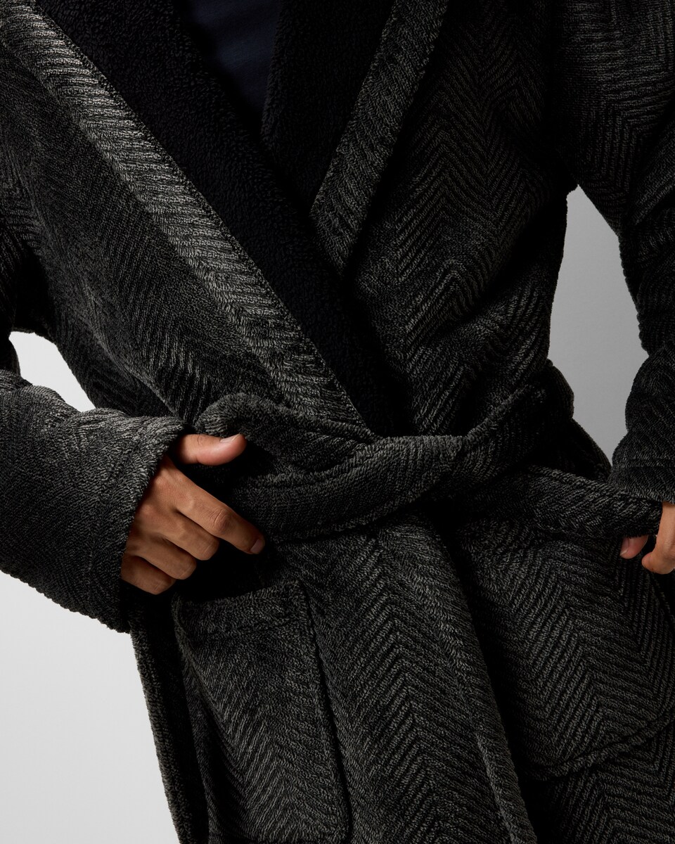 image 1 of F&F Fleece Herringbone Hooded Dressing Gown in Grey