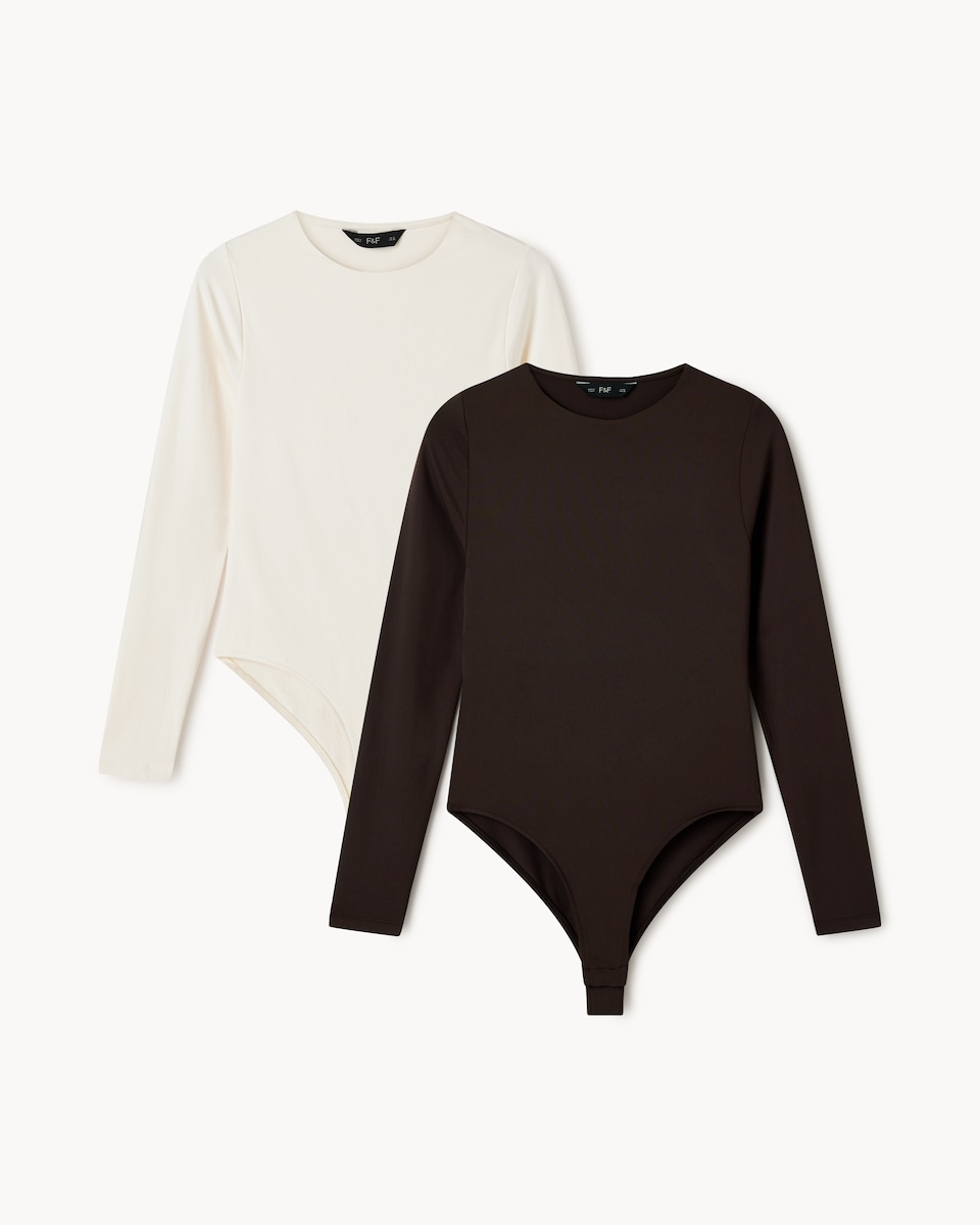 image 1 of F&F 2-Pack Polyamide Crew Neck Long Sleeved Bodysuits in Multi Brown