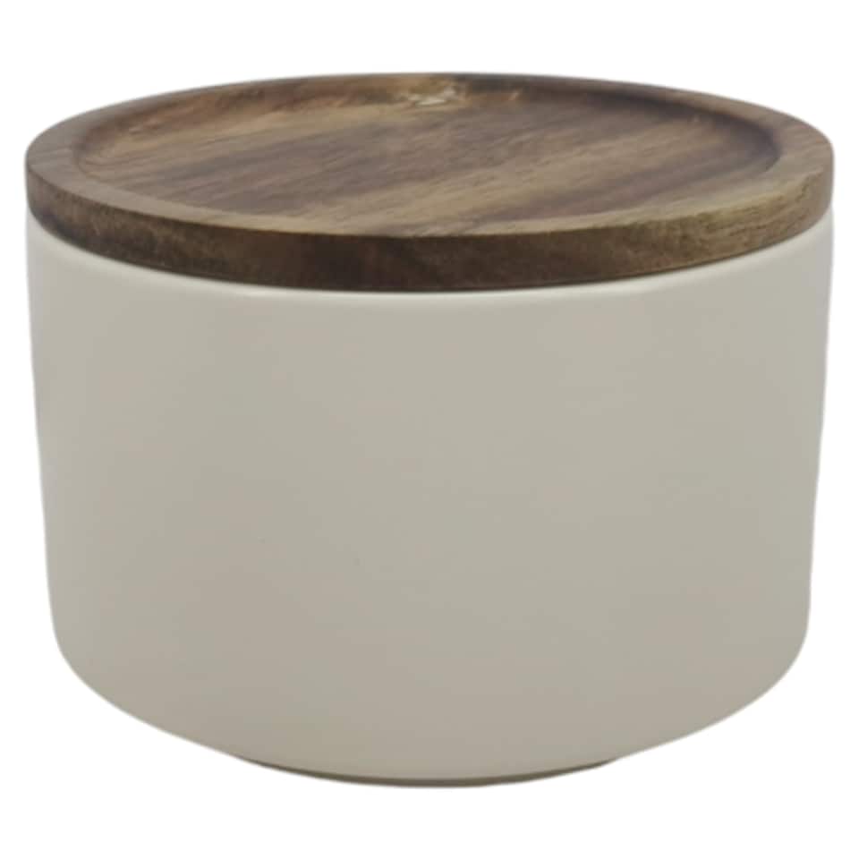Tesco Taupe Stoneware Food Storage Cannister Acacia Lid Small