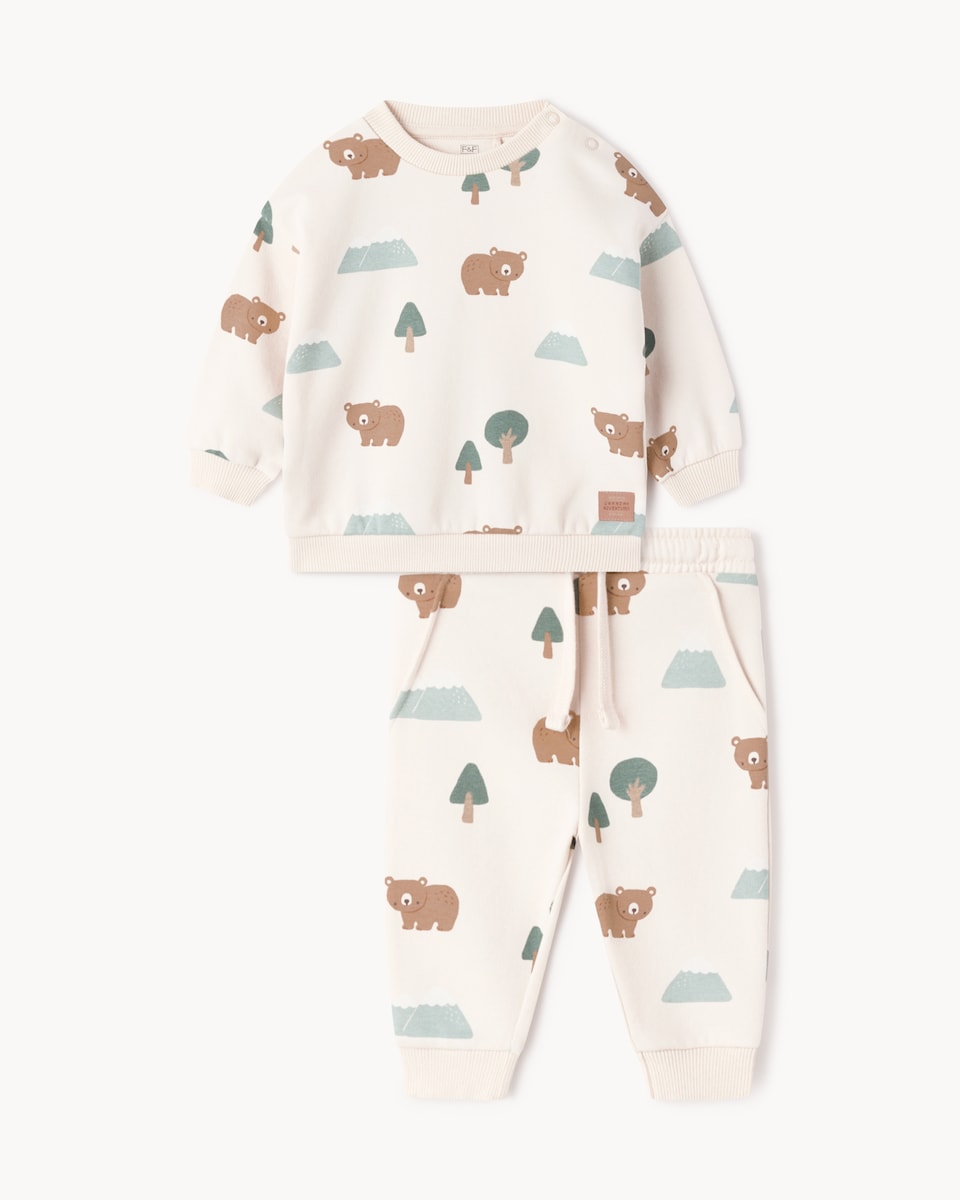 image 1 of F&F Baby Cotton Rich Woodland Print Sweatshirt and Joggers Set in Neutral