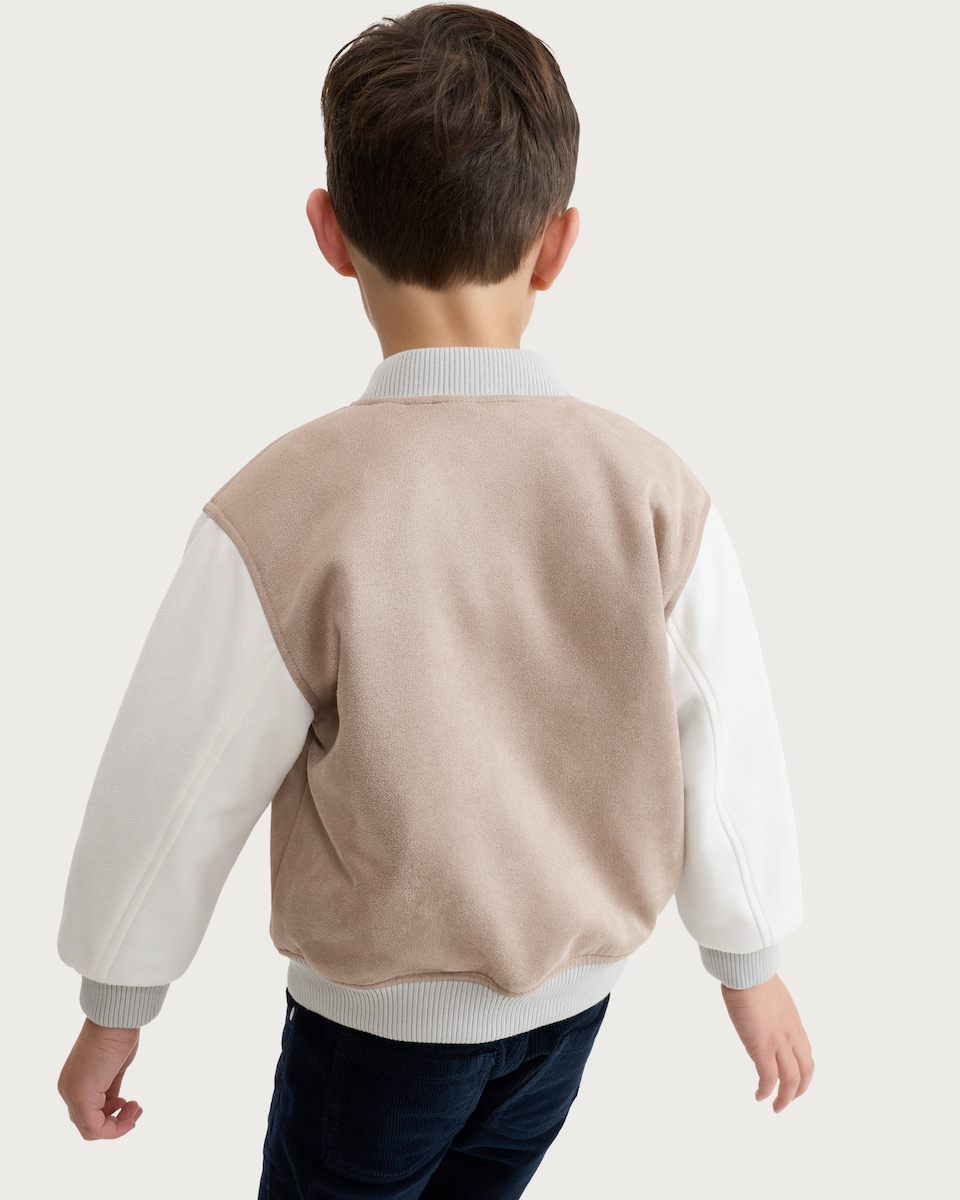image 1 of F&F Boys Faux Suede Varsity Bomber Jacket in Stone