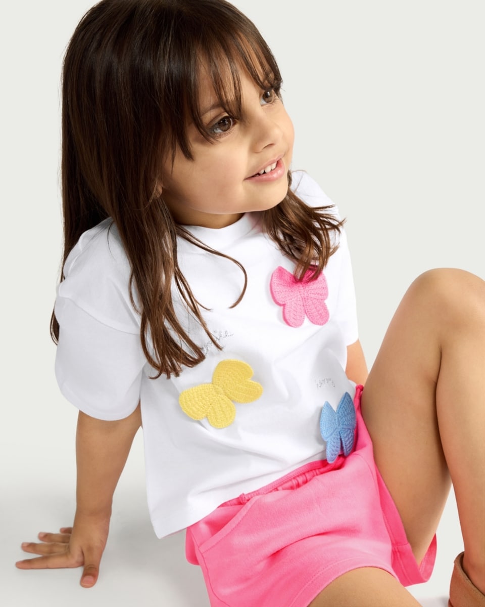 image 1 of F&F Girls 2-Piece Pure Cotton Butterfly T-Shirt and Shorts Set in Multi Pink