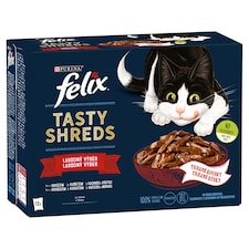 Felix Tasty Shreds Pouches for Cats Beef, Chicken, Duck, Turkey in Juice 12 x 80g