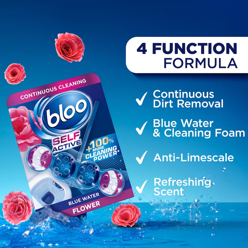 image 1 of Bloo Self Active Flowers Blue Water Toilet Rim Blocks 2 x 50g