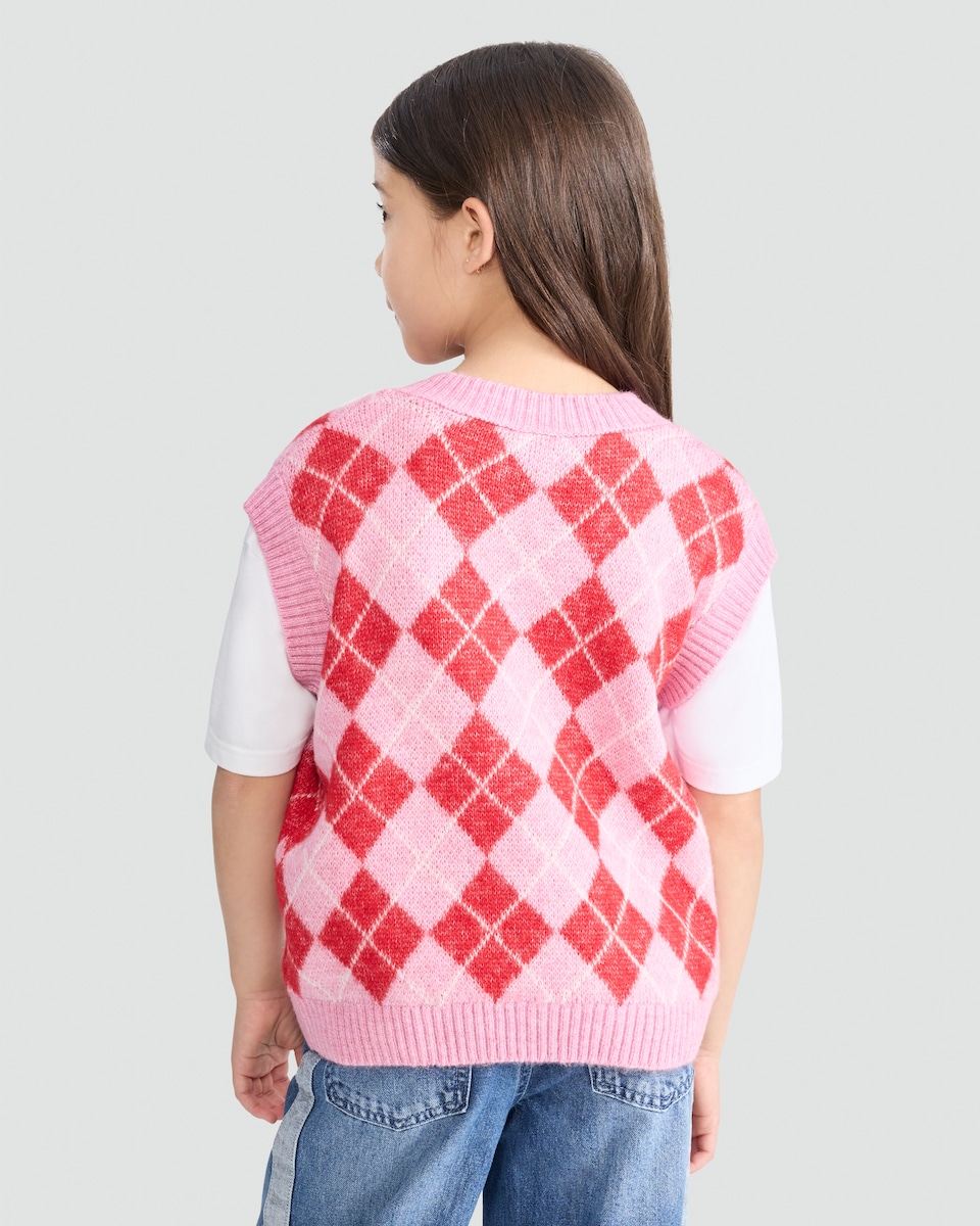 image 1 of F&F Girls Argyle Print V Neck Knitted Vest in Pink