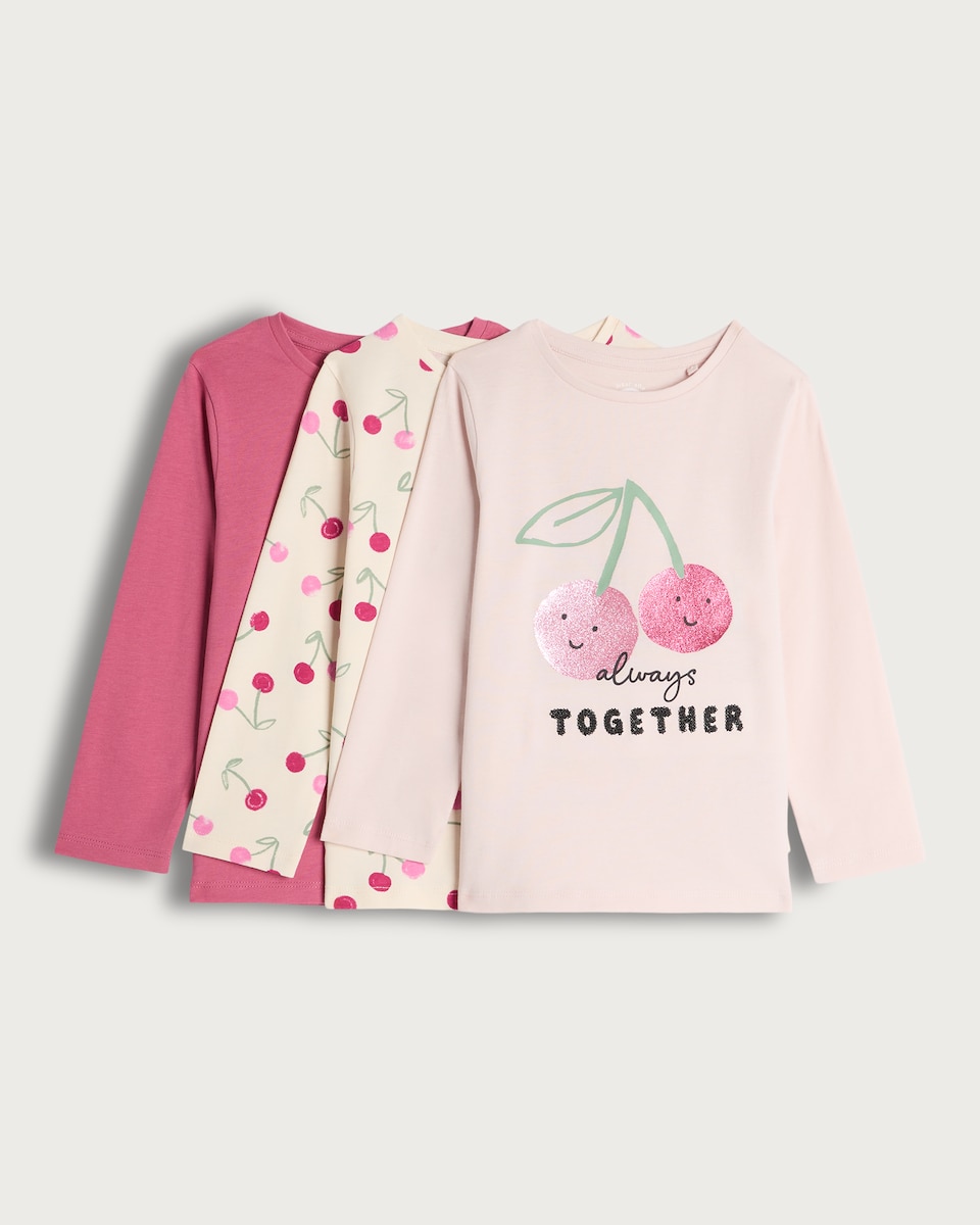 image 1 of F&F Girls 3-Pack Pure Cotton Cherry Printed Long Sleeved Tops in Multi