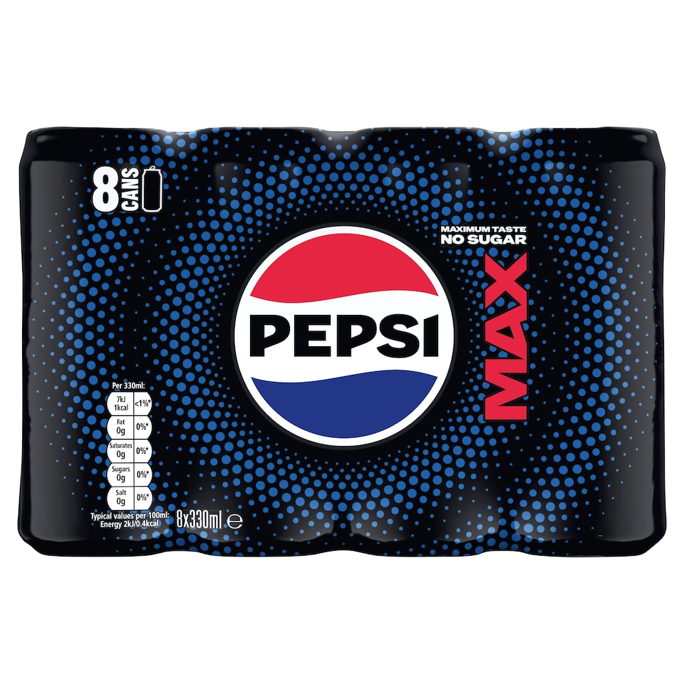 Pepsi Max No Sugar Cola Soft Drink 8 x 330ml