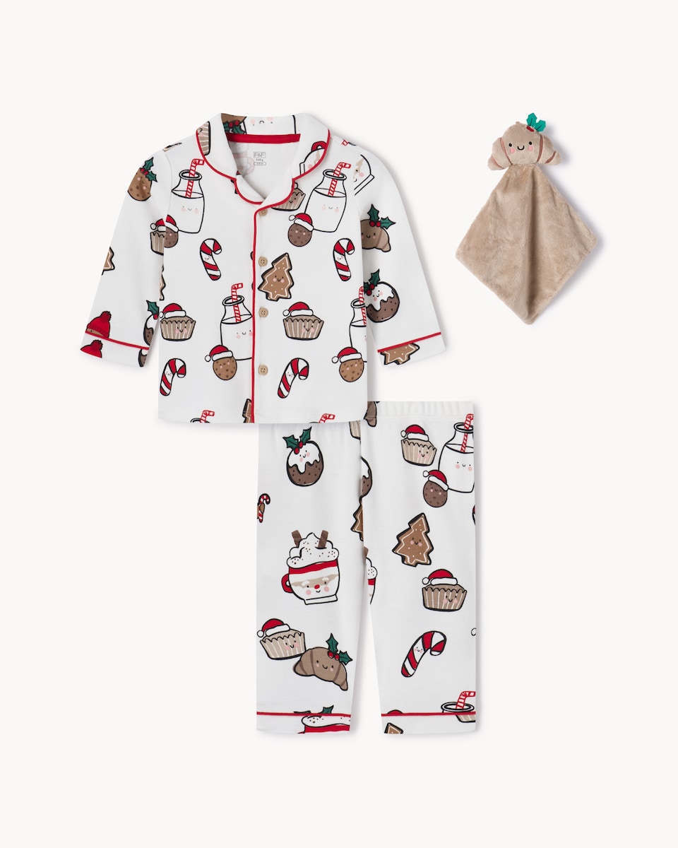 image 1 of Christmas Baby Pure Cotton Printed Revere Pyjama Set with Comforter in White